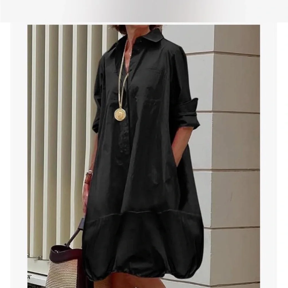 Casual Black Long Sleeve Balloon Hem Shirt Dress - Picture 2 of 6